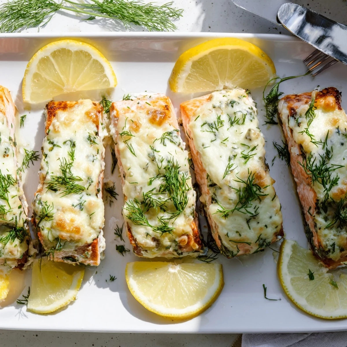 Creamy Boursin cheese smothered salmon baked with lemon slices and green chives