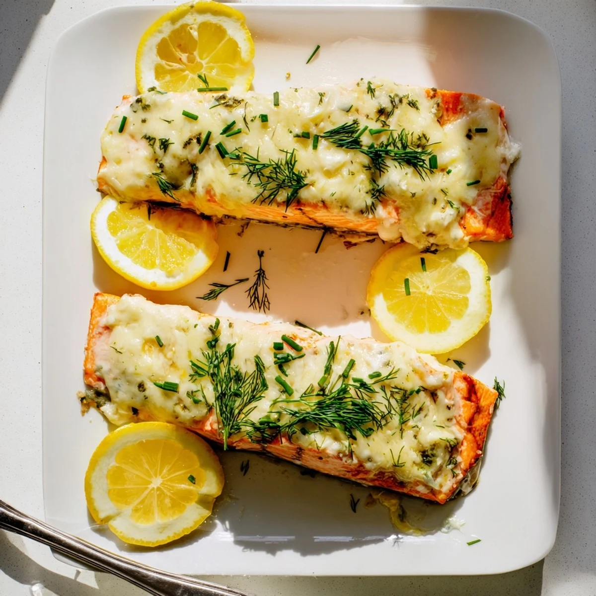 Golden baked salmon fillets topped with melted Boursin cheese and fresh herbs
