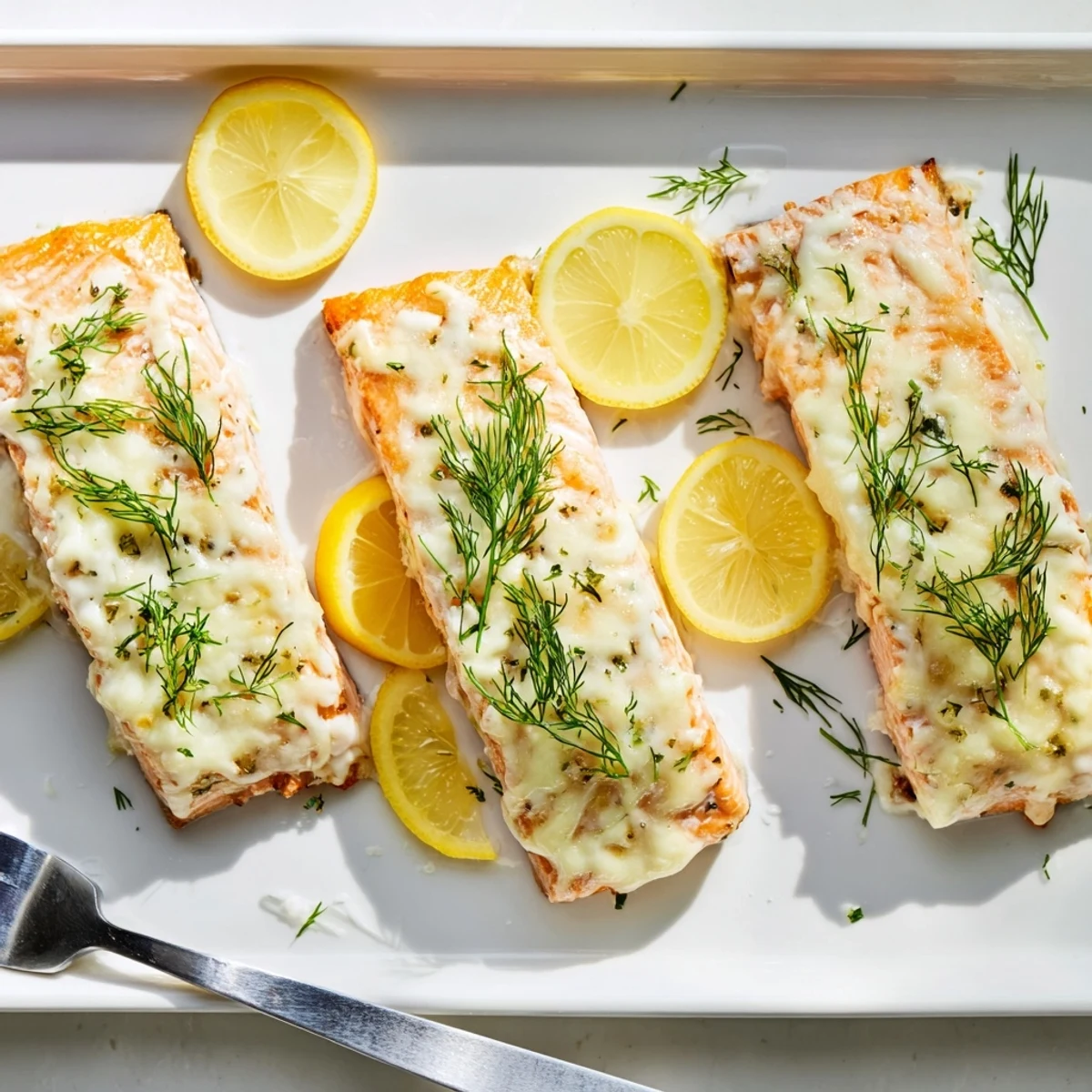 Flaky salmon with bubbling Boursin herb cheese topping baked to golden perfection