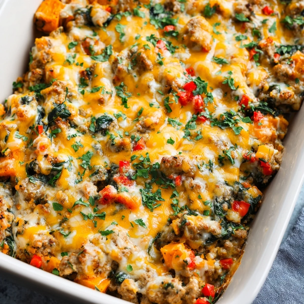 Golden cheesy ground turkey sweet potato bake with tender vegetables in a baking dish