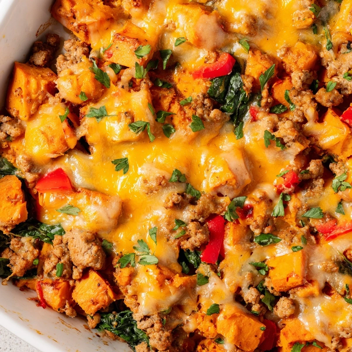 Savory gluten-free casserole with spiced ground turkey and sweet potatoes baked until golden bubbly