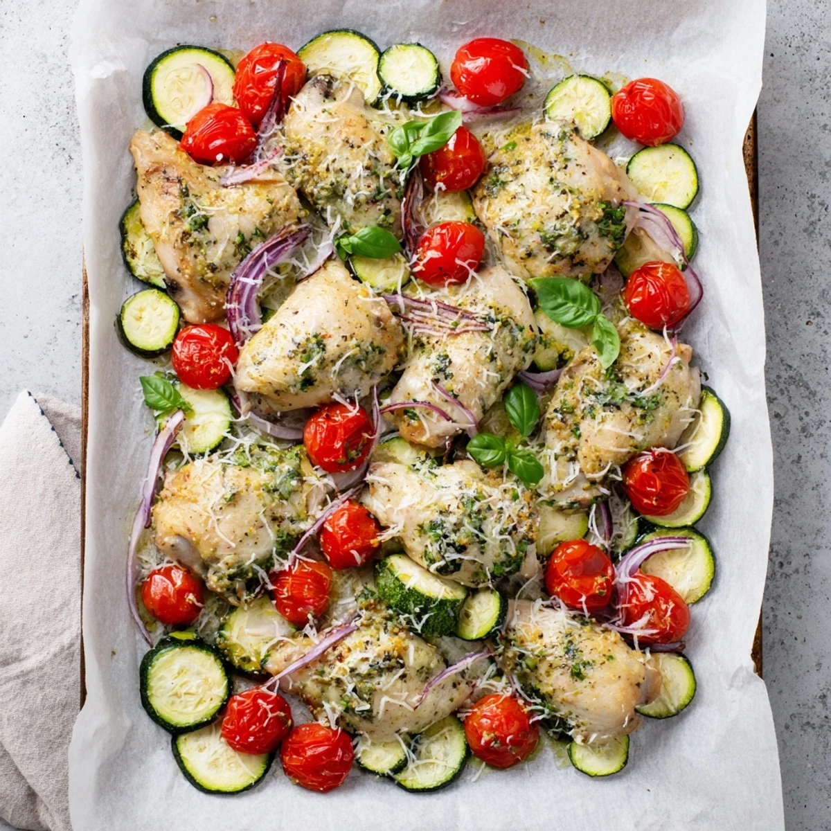 Golden roasted chicken breasts with zucchini and cherry tomatoes on a metal baking sheet
