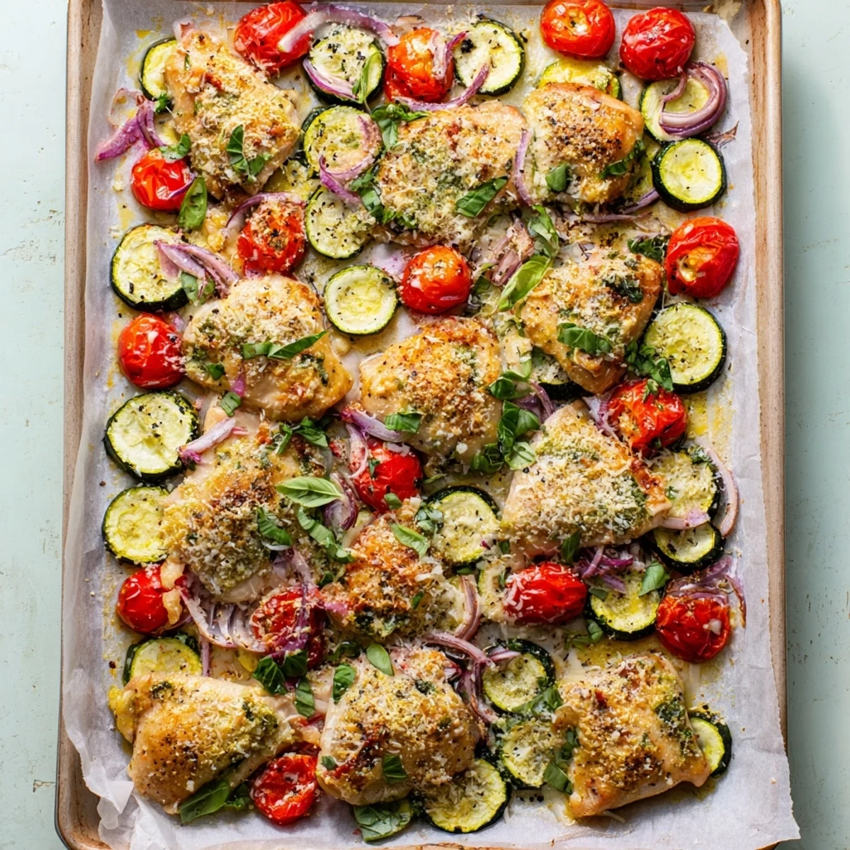 Sheet pan Italian chicken with tender roasted vegetables sprinkled with fresh Parmesan cheese