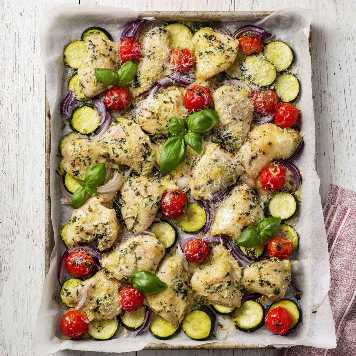 Juicy herb-marinated chicken nestled among colorful zucchini slices and sweet roasted cherry tomatoes