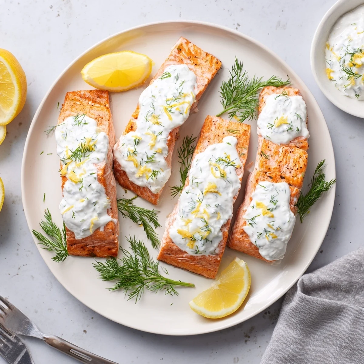 Perfectly cooked salmon drizzled with tangy Greek yogurt lemon dill sauce and sprinkled with fresh dill