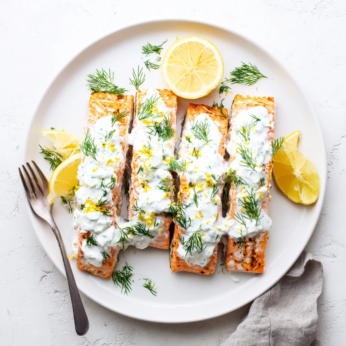 Oven-roasted salmon with zesty lemon dill yogurt sauce served on white plate with lemon wedges