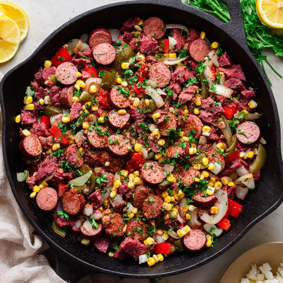 Cajun Corned Beef & Sausage Skillet featuring colorful peppers, sweet corn kernels, and savory spices in a cast iron pan