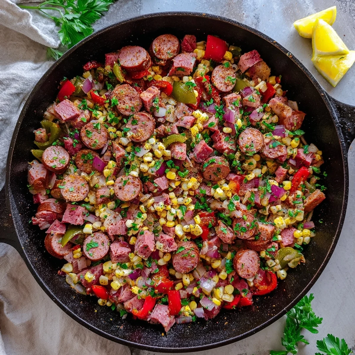 One-pot Cajun Corned Beef & Sausage Skillet with smoky andouille, diced red and green bell peppers, fresh parsley garnish