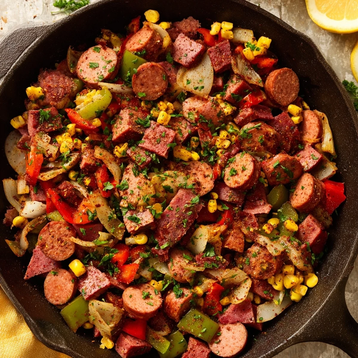 Sizzling Cajun Corned Beef & Sausage Skillet packed with tender beef strips, golden corn, and zesty Cajun seasonings ready for dinner