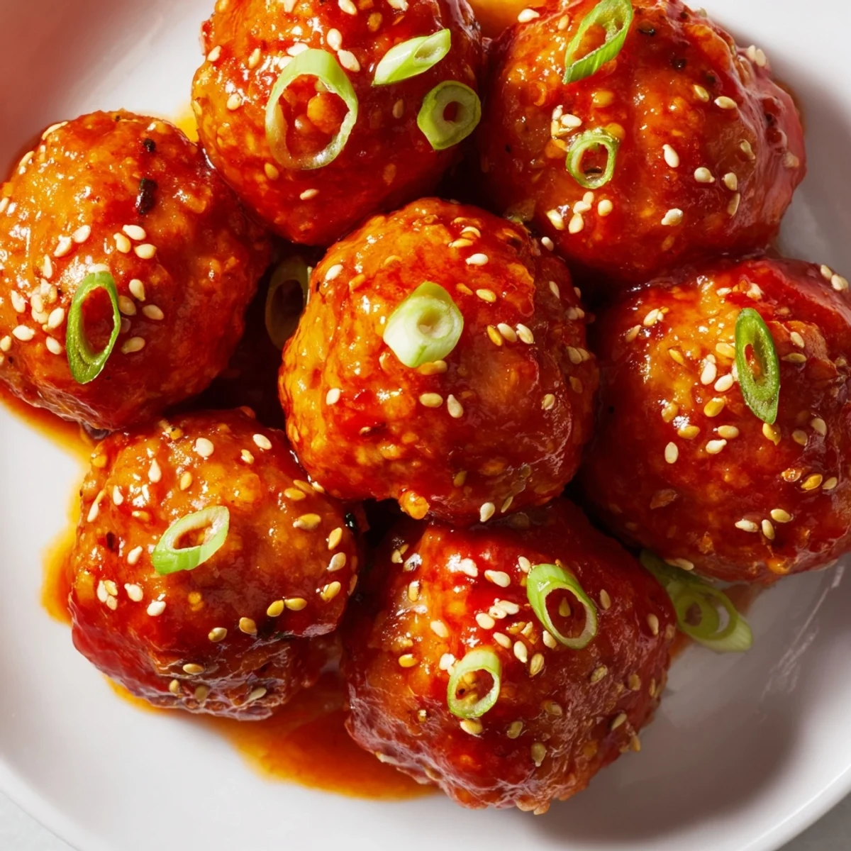 Golden firecracker chicken meatballs glazed in spicy sweet sauce and topped with sesame seeds and green onions
