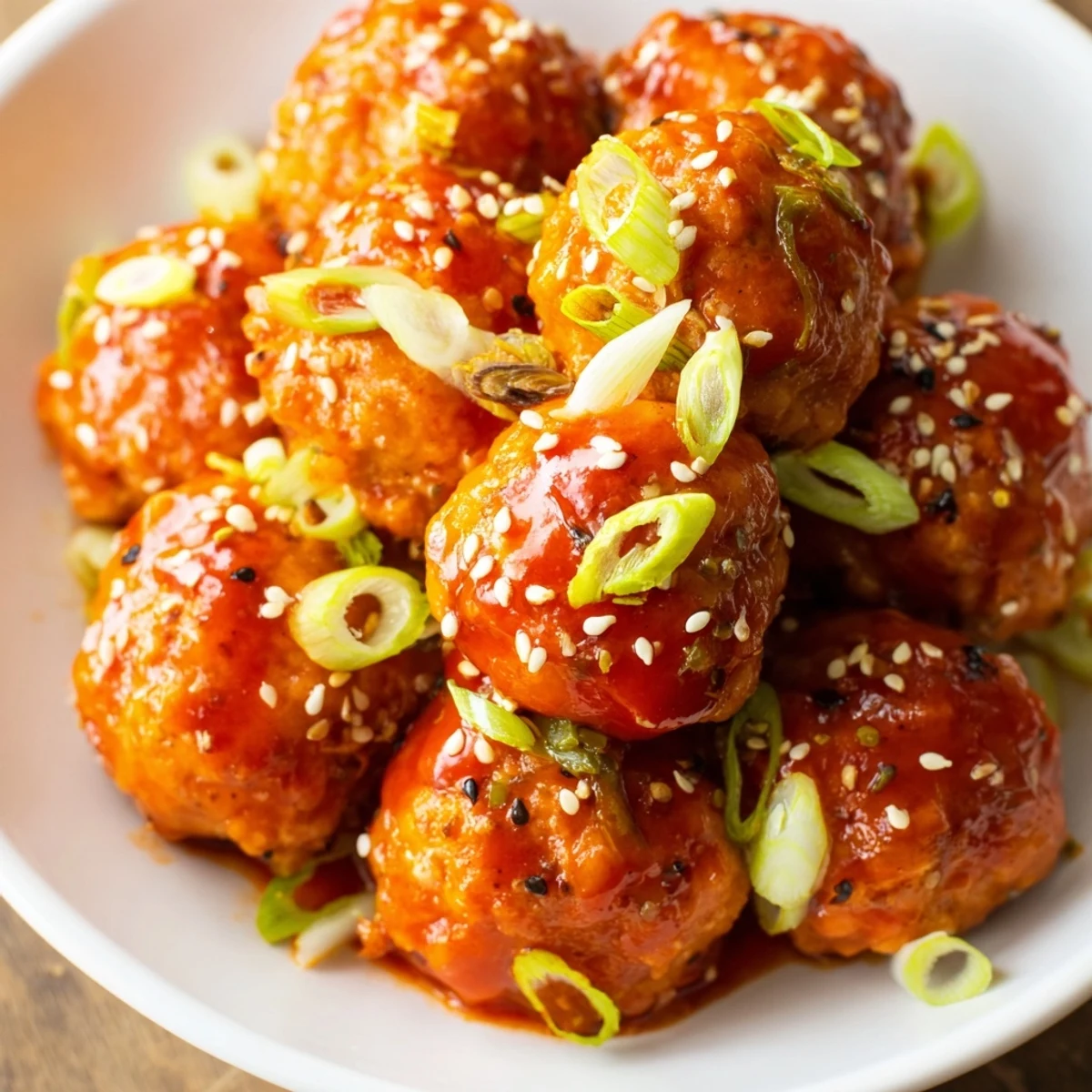 Plate of juicy firecracker chicken meatballs coated in thick red pepper sauce with sliced scallions and sesame sprinkle