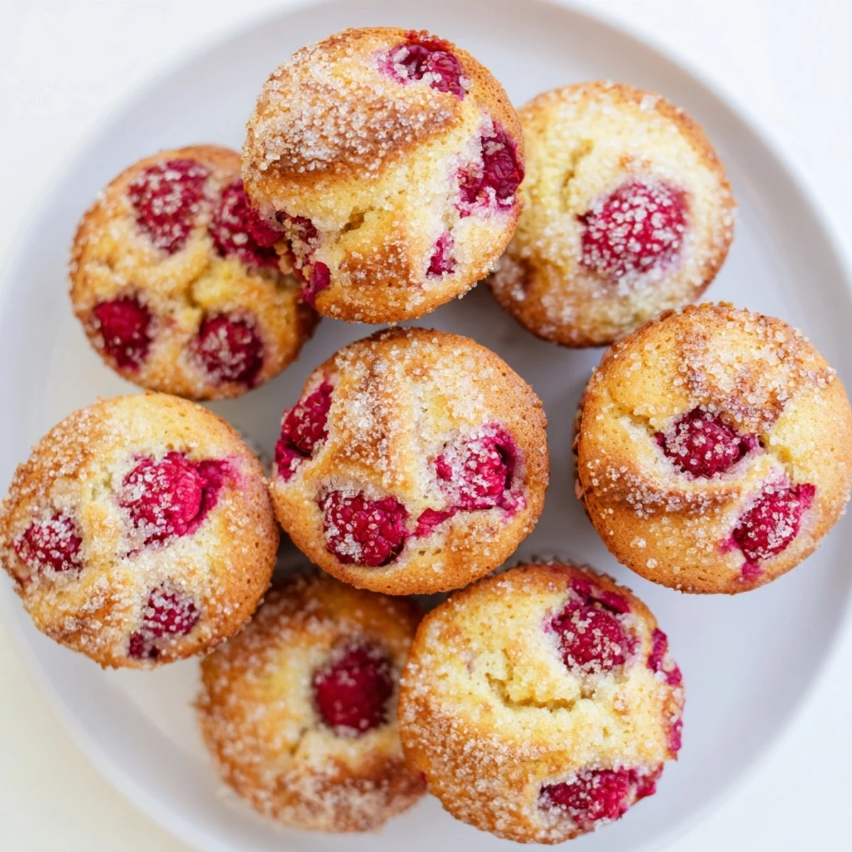 Fluffy homemade lemon raspberry muffins topped with coarse sugar and served on a wire rack