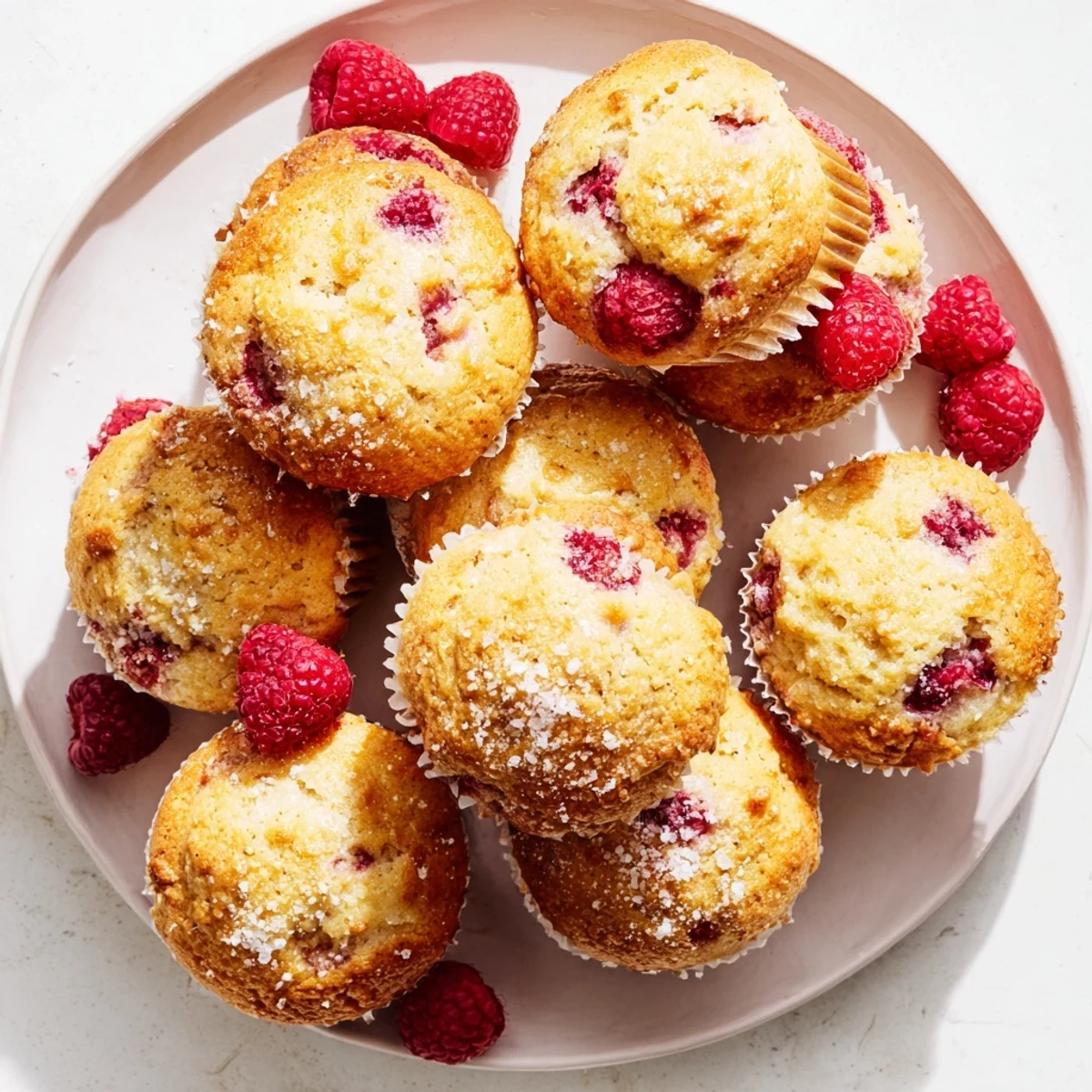 Freshly baked lemon raspberry muffins cooling in a paper-lined muffin tin with golden domed tops