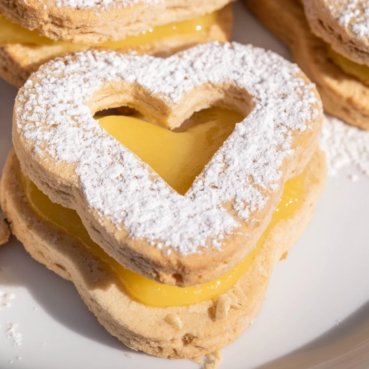 Golden Meyer lemon curd sandwiched between tender almond cookies dusted with powdered sugar