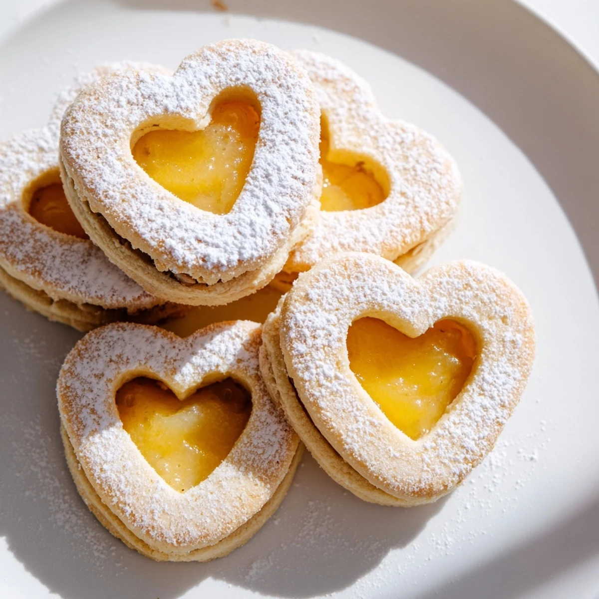 Heart window cookies reveal bright tangy Meyer lemon curd filling on white serving plate