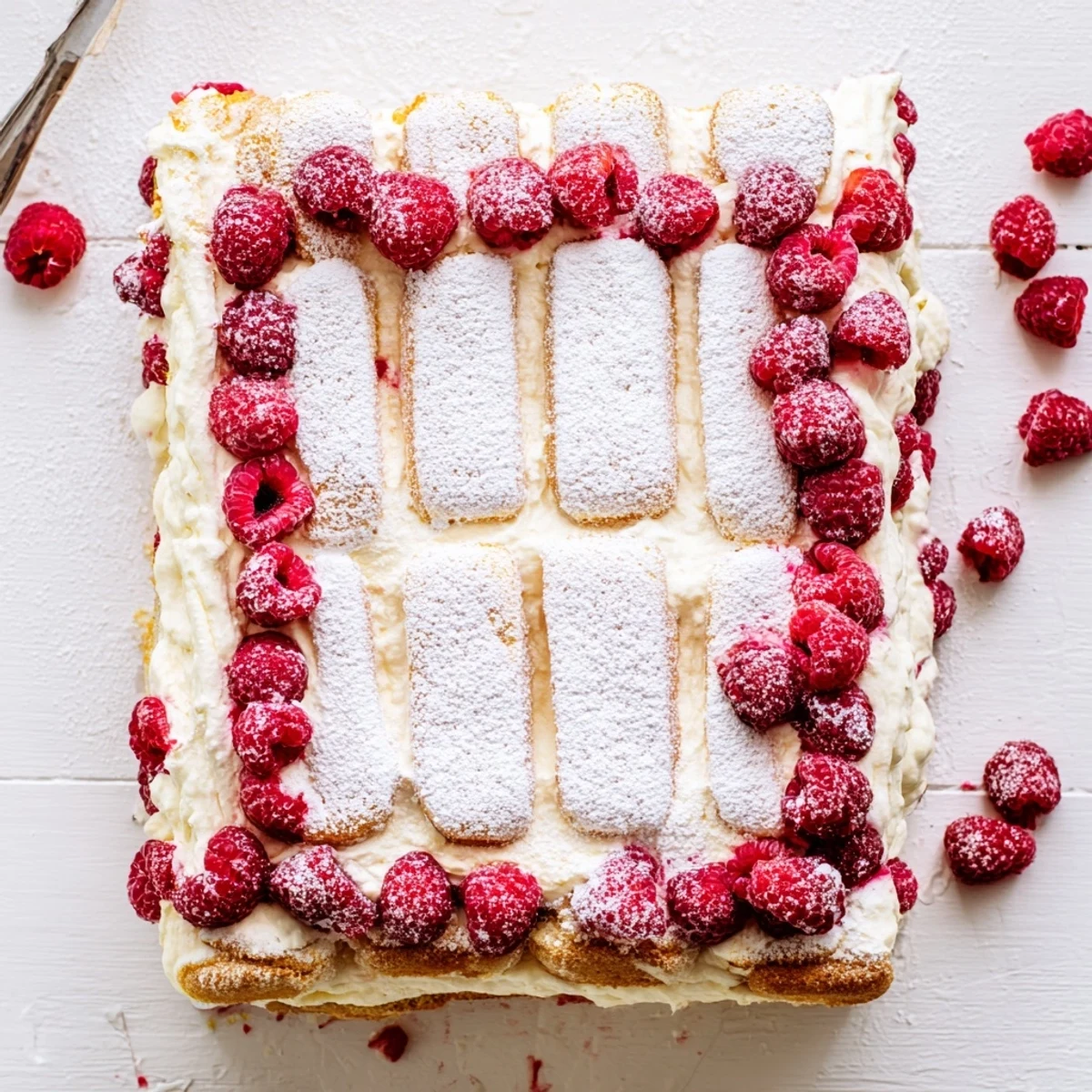 Creamy raspberry tiramisu layered with coffee-soaked ladyfingers and topped with fresh ruby-red berries