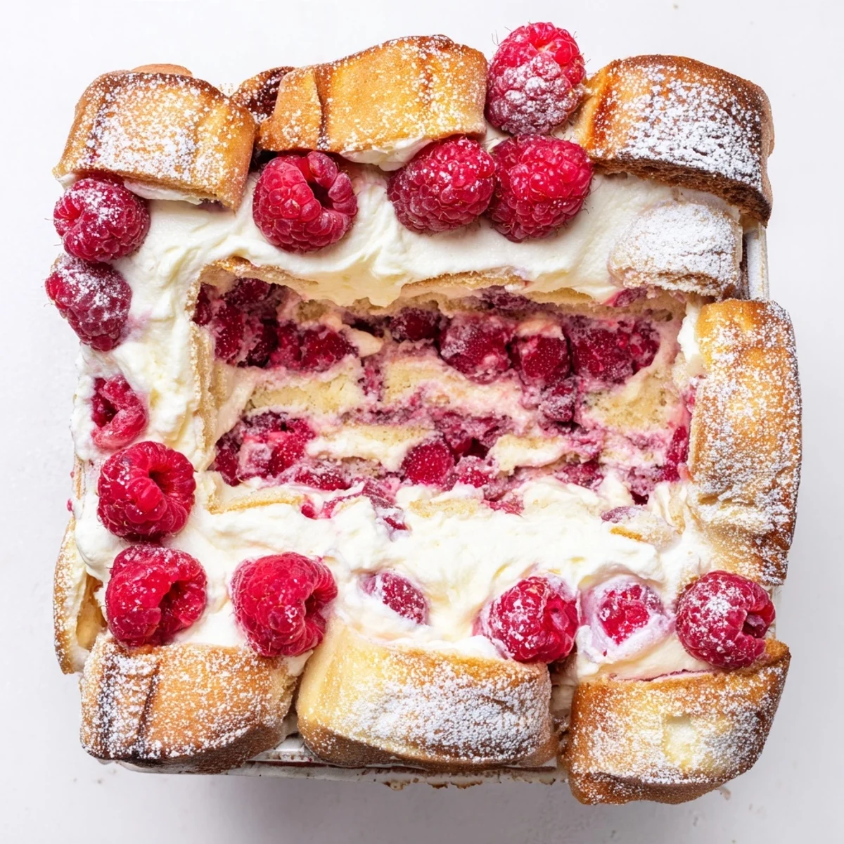 Square glass dish of raspberry tiramisu showing white mascarpone cream and bright red fruit layers