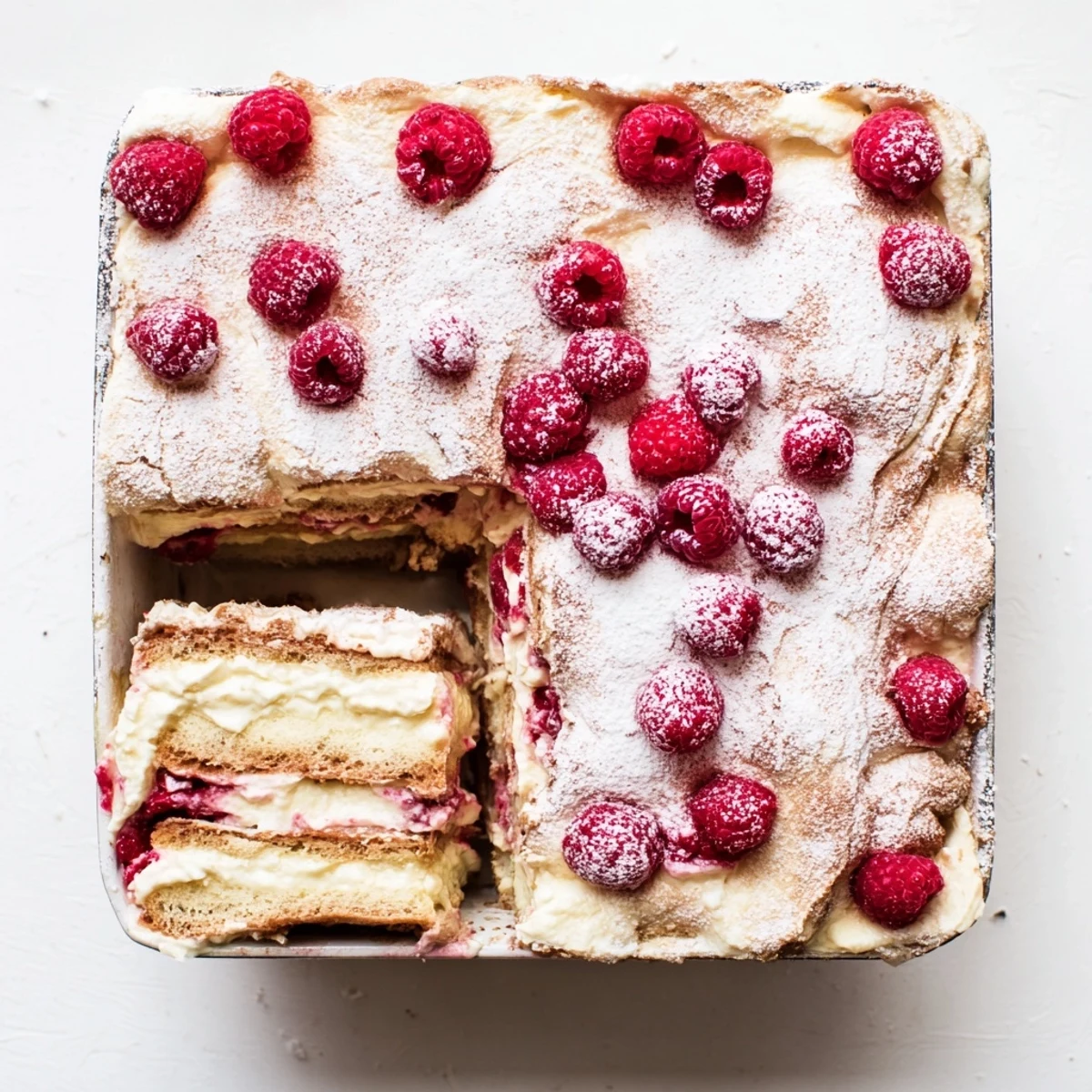 Homemade raspberry tiramisu dusted with powdered sugar and garnished with plump fresh raspberries