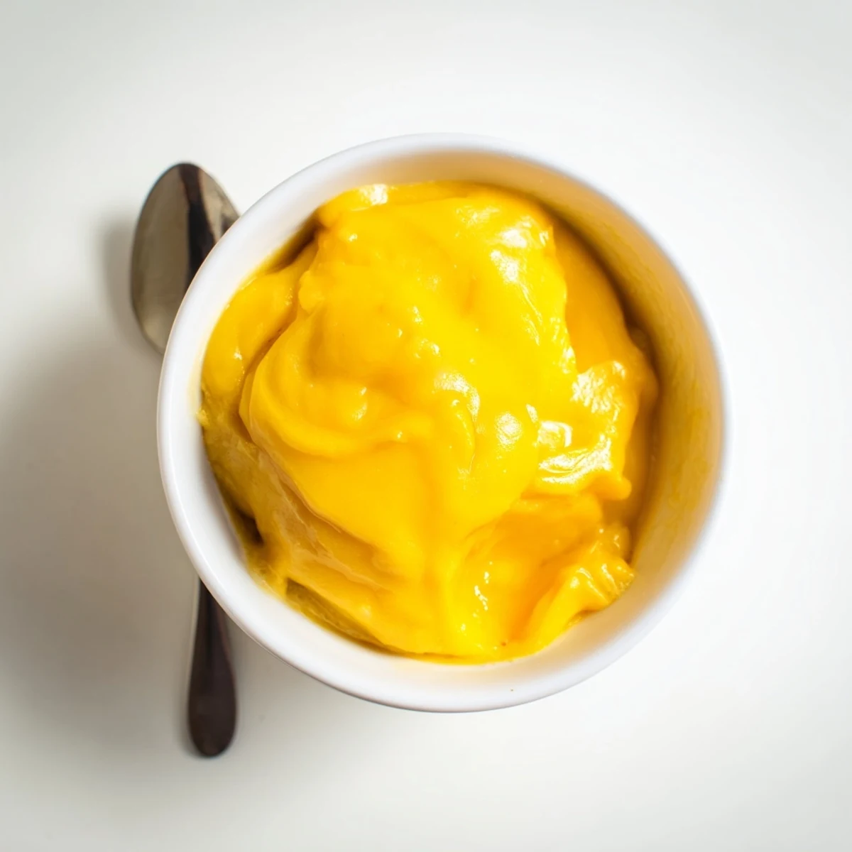 Creamy easy vegan mango curd swirled into coconut yogurt bowl with fresh mango chunks