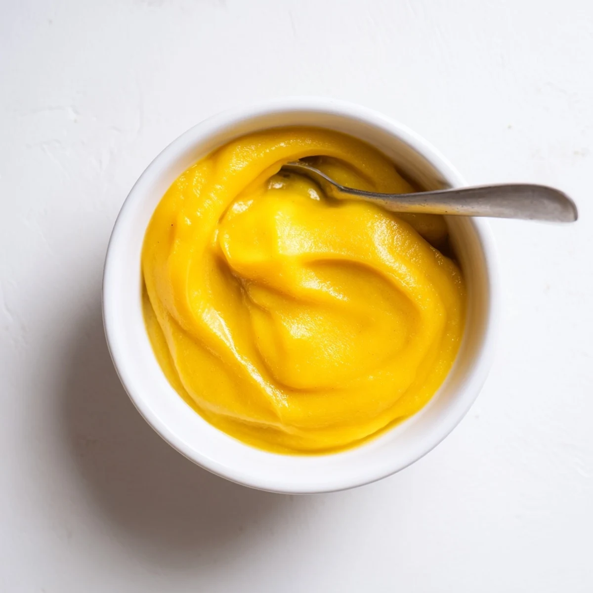 Thick easy vegan mango curd spread generously on toasted sourdough bread slice with garnish