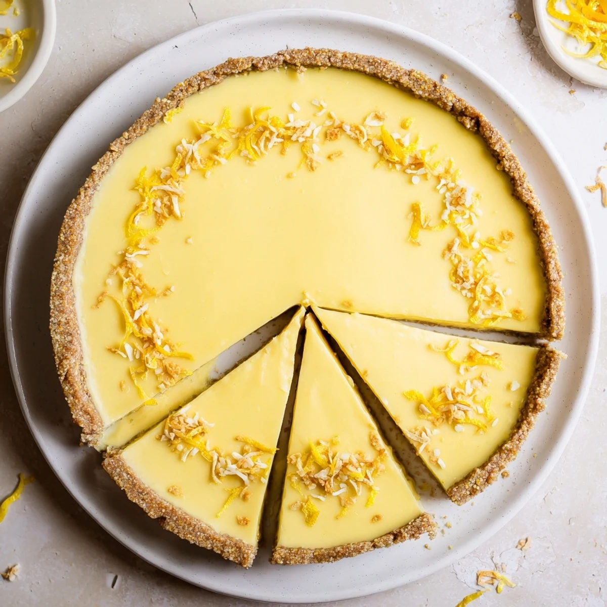 Creamy no bake vegan lemon tart with smooth yellow filling and nutty crust garnished with fresh lemon zest