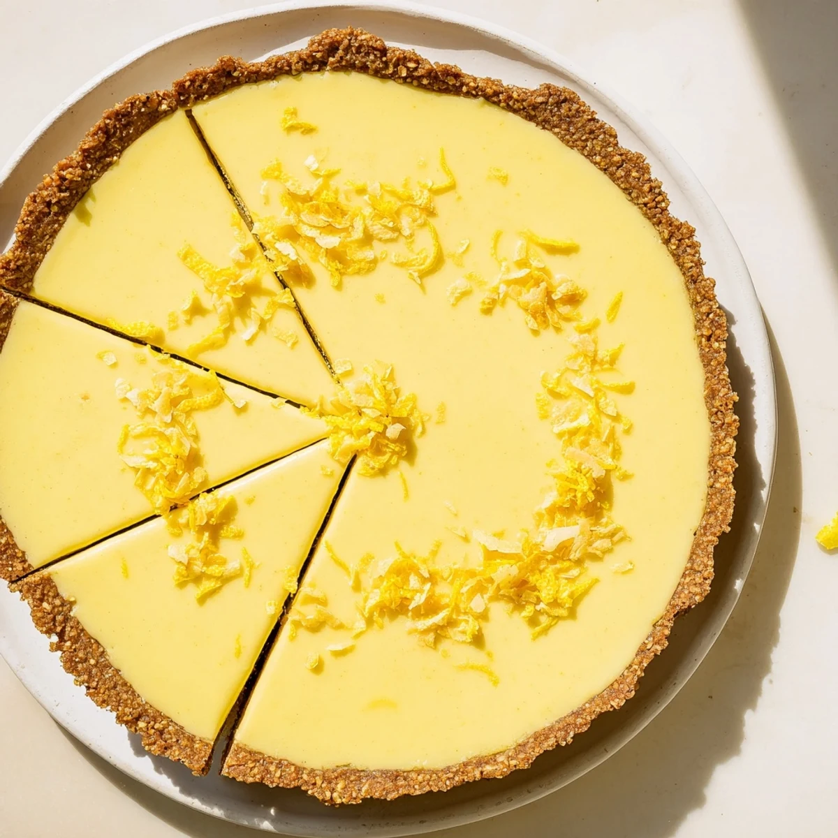 Golden slice of no bake vegan lemon tart showcasing velvety texture and crumbly almond oat base on white plate