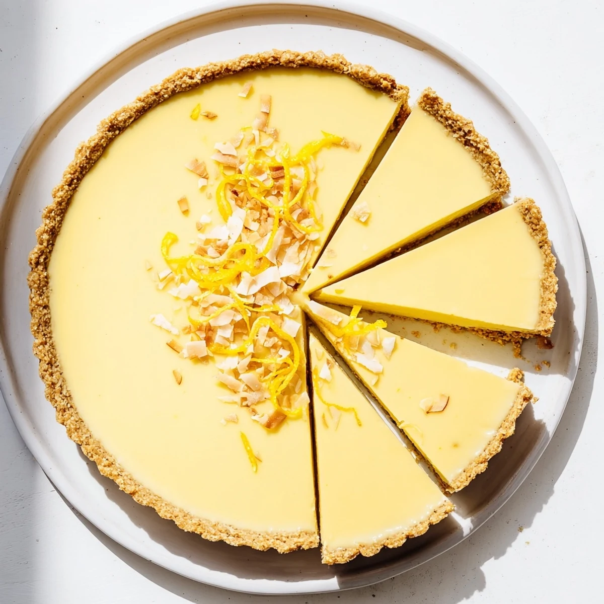 Bright yellow no bake vegan lemon tart topped with coconut flakes and berries served chilled on serving platter