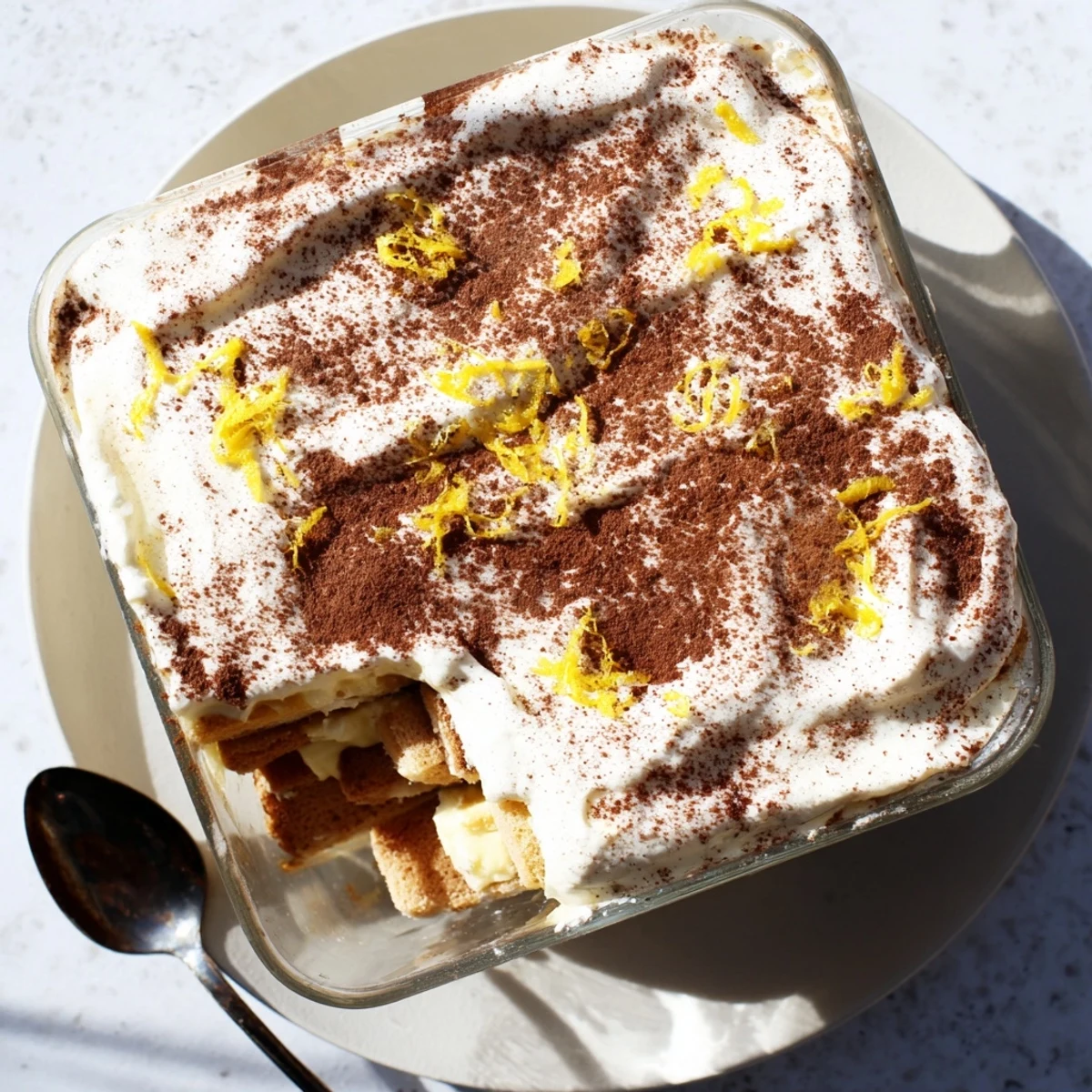 Homemade Earl Grey tiramisu in a glass dish with fluffy cream and cocoa garnish