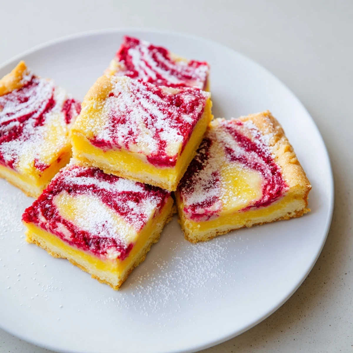 Freshly baked lemon raspberry swirl bars cut into squares showing marbled fruit pattern