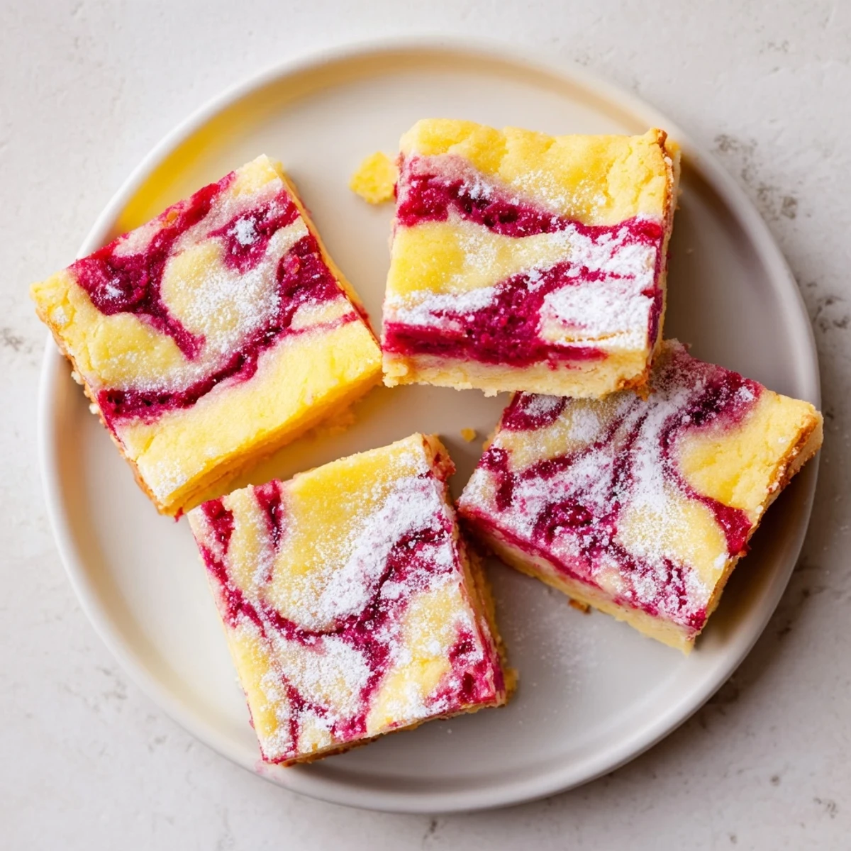 Buttery shortbread crust topped with tangy lemon curd and vibrant raspberry ribbons