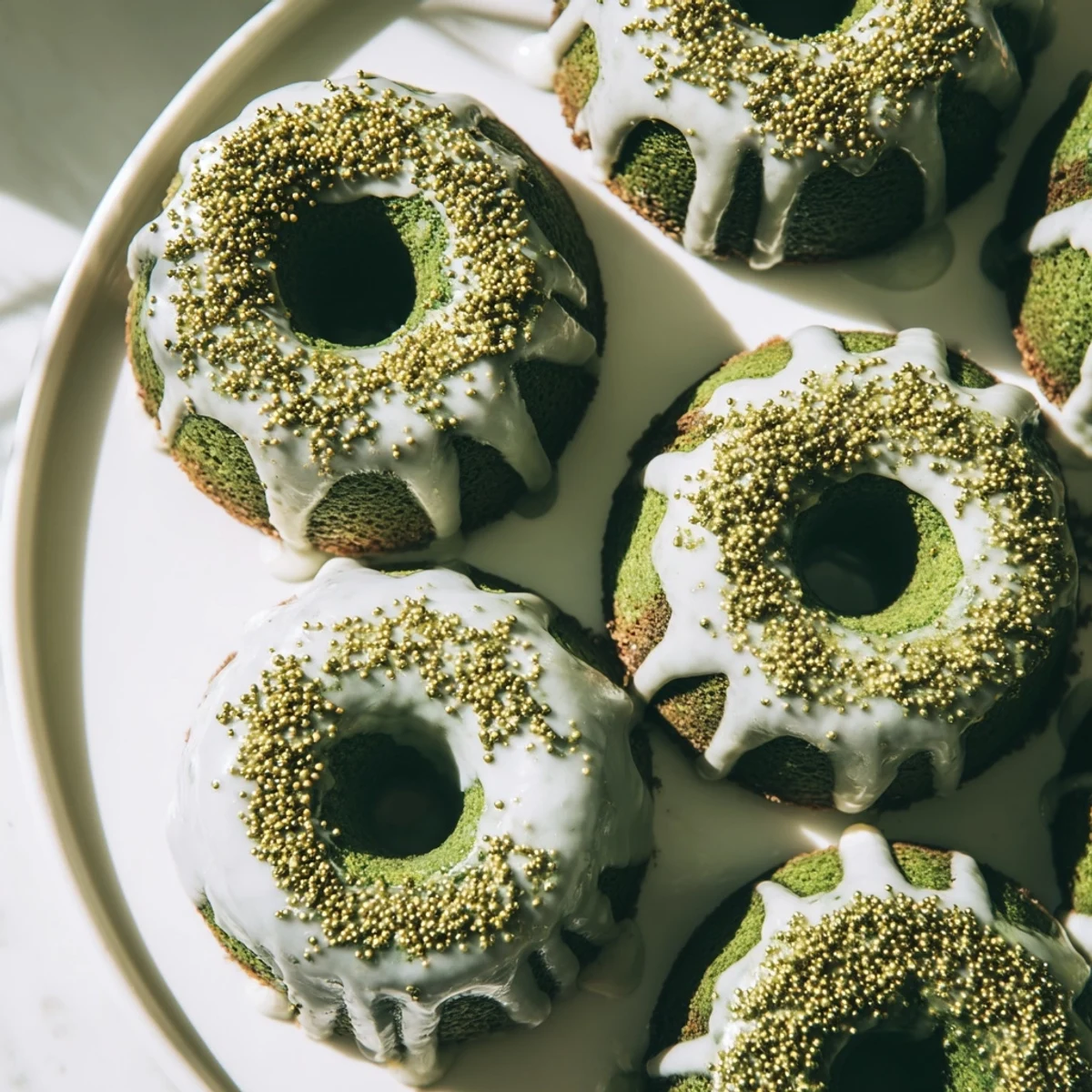 Moist green velvet mini bundt cakes topped with creamy vanilla glaze and festive sprinkles