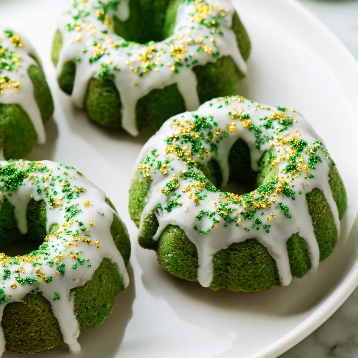 Vibrant St. Patricks Day mini bundt cakes drizzled with white icing and gold decorations