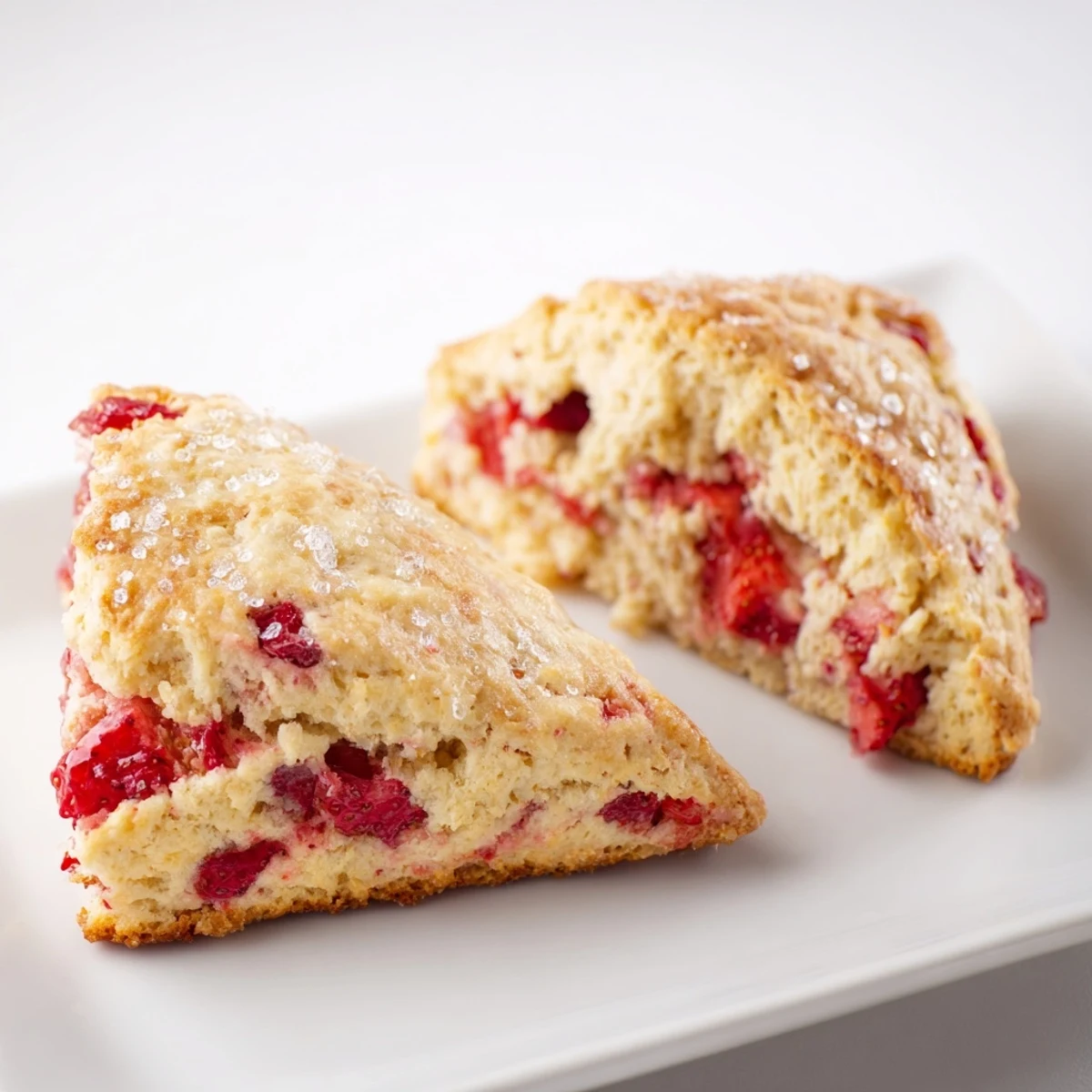 Golden homemade strawberry scones with juicy red fruit pieces and sugar-crusted tops