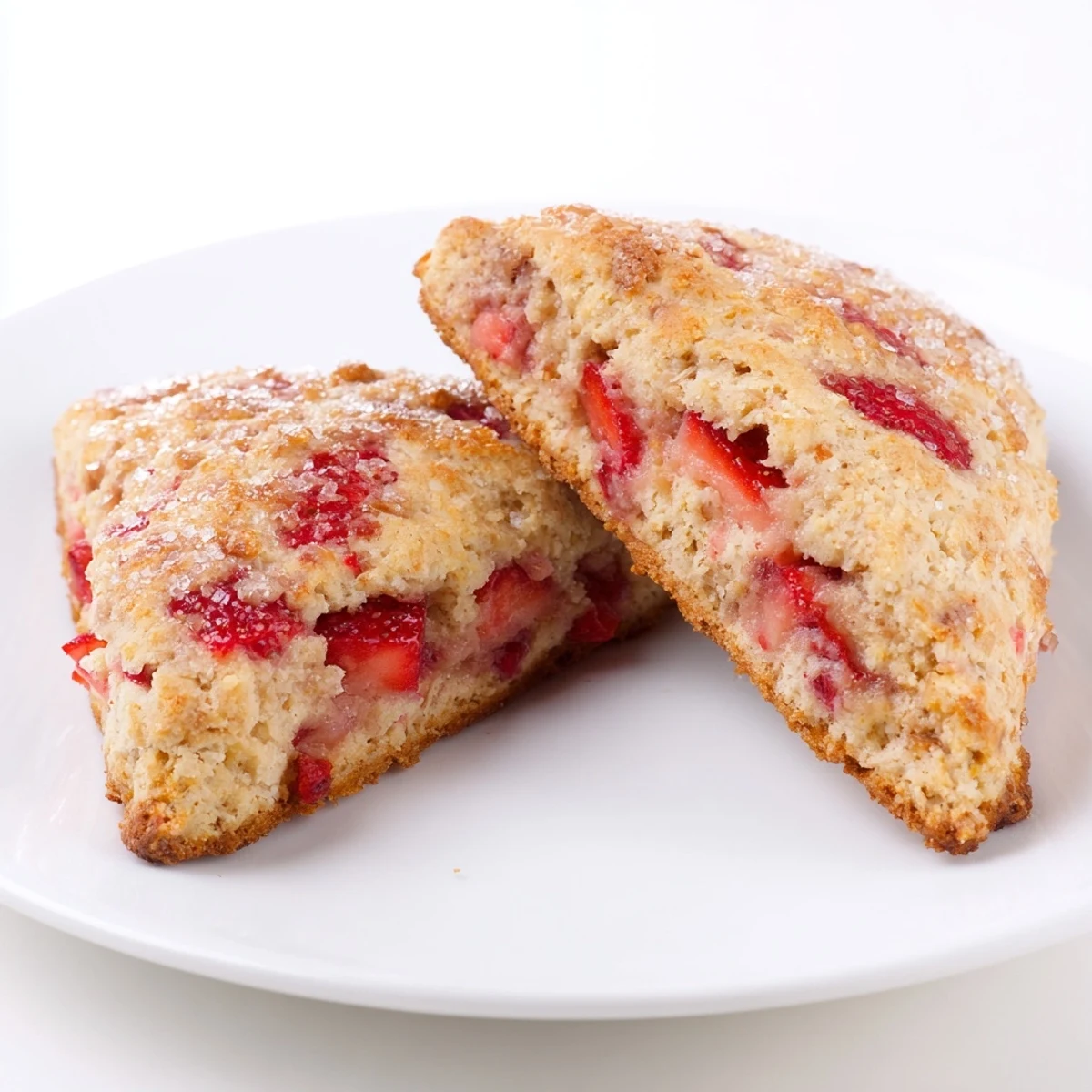Fresh strawberry scones brushed with cream and sprinkled with coarse sugar for breakfast