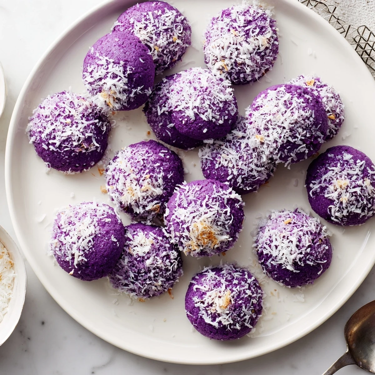 A plate of tender purple ube besito cookies rolled in sweet shredded coconut, perfect bite-sized treats for afternoon tea.
