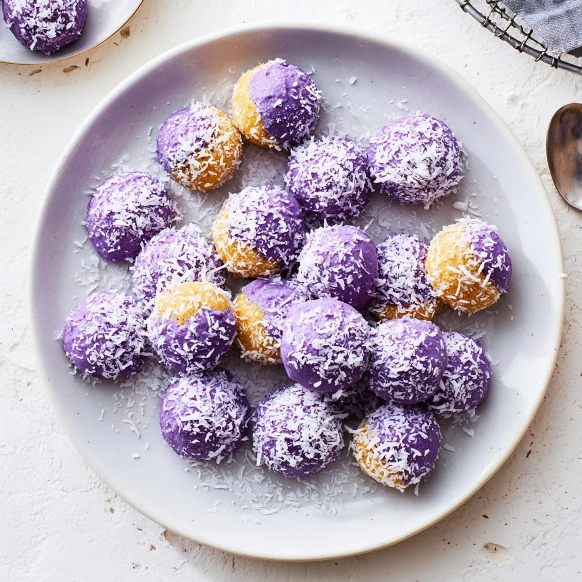 Golden coconut ube besito cookies arranged on a rustic wooden board, their purple centers visible through the snowy coconut coating.