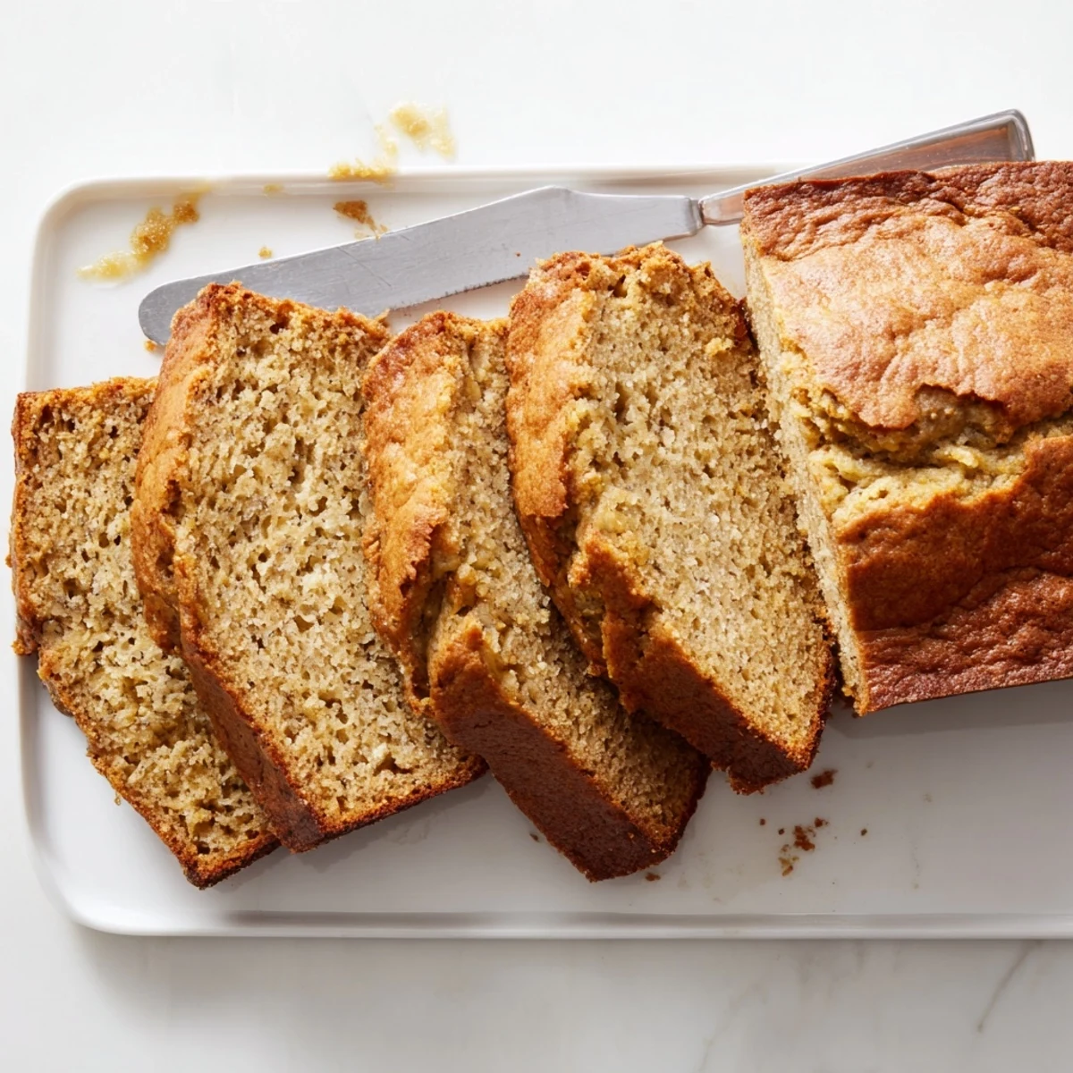 Golden slice of moist banana bread with sour cream on a wooden board