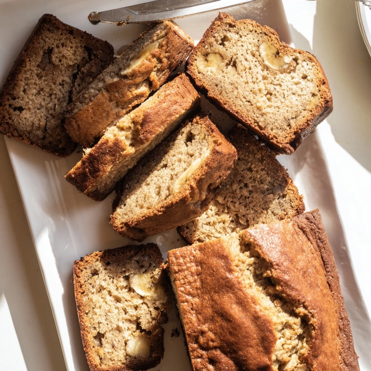 Tender banana bread with sour cream displaying a fluffy crumb and golden crust