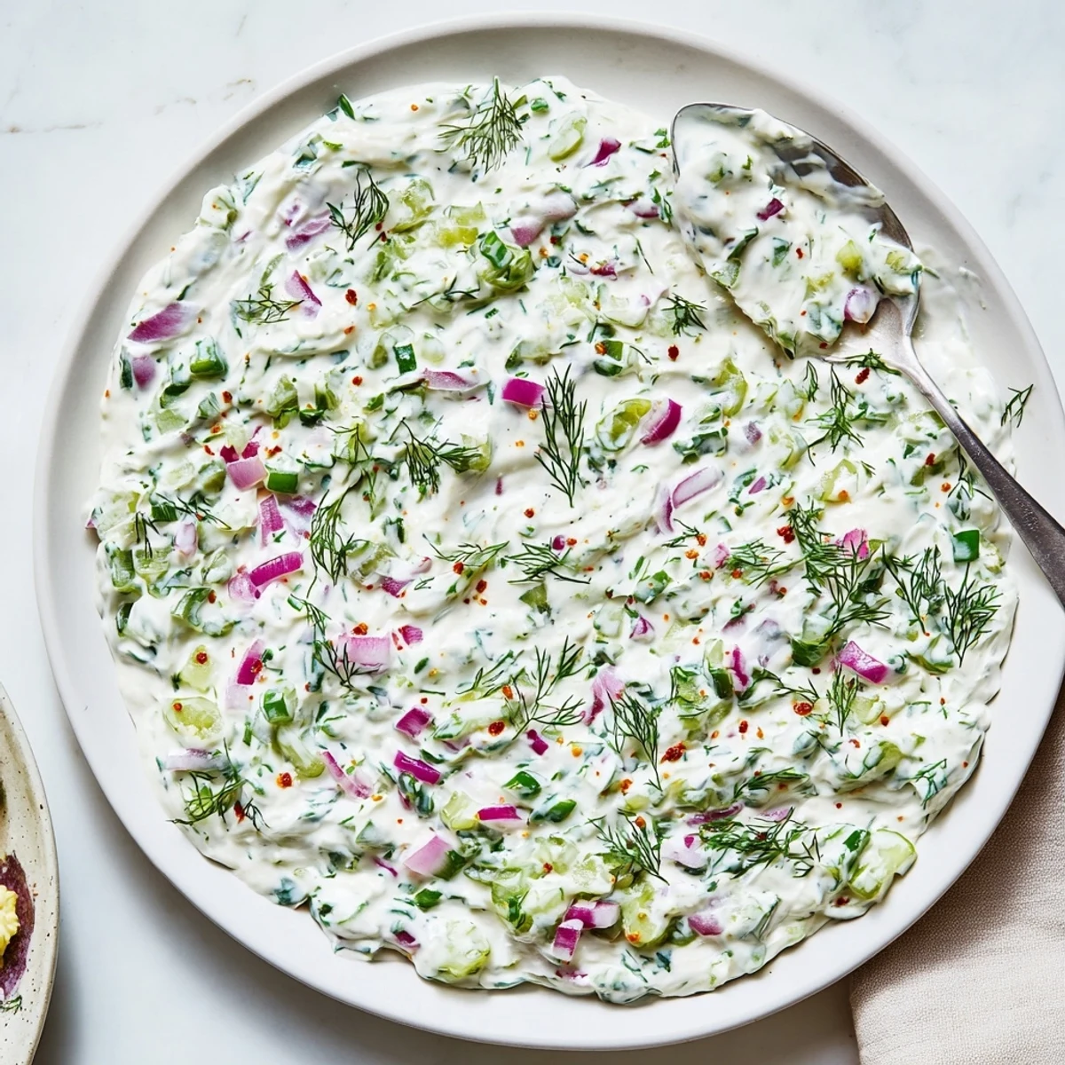 Creamy spicy dill pickle burger sauce with visible pickle bits and fresh dill herbs in a small white ramekin