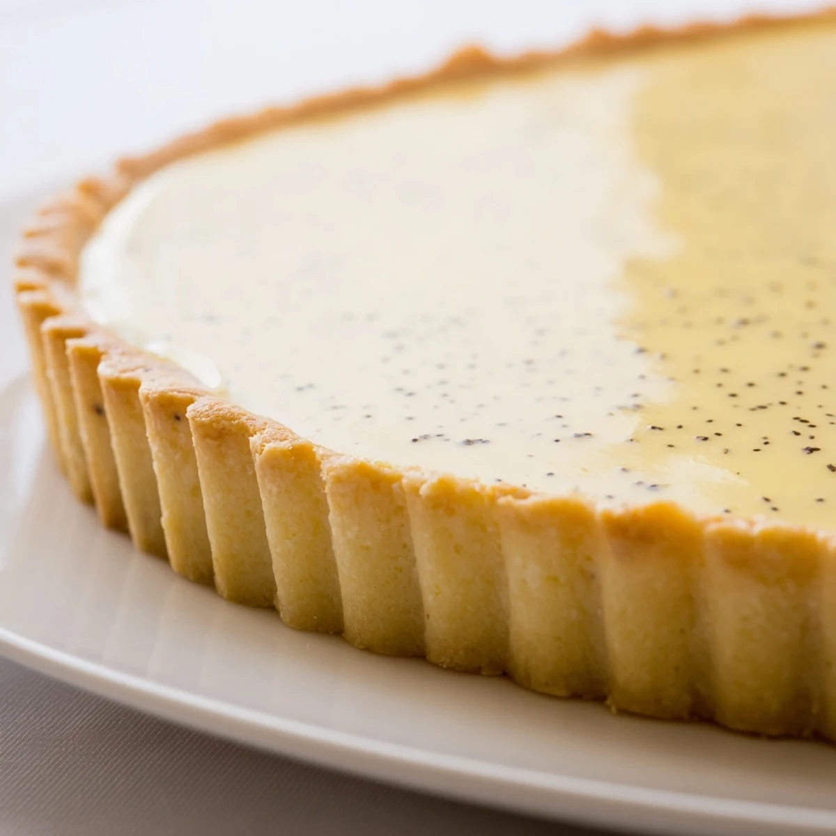 Golden vanilla bean tart with silky pastry cream filling in a crisp buttery crust