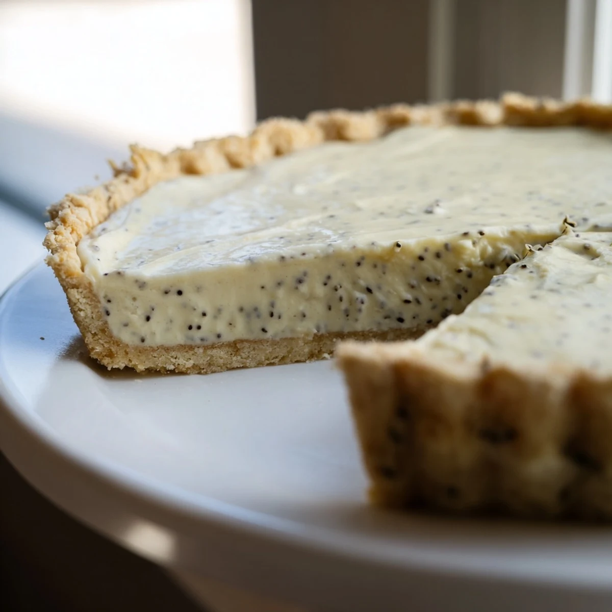 French-inspired vanilla bean pastry cream tart topped with fresh berries and powdered sugar