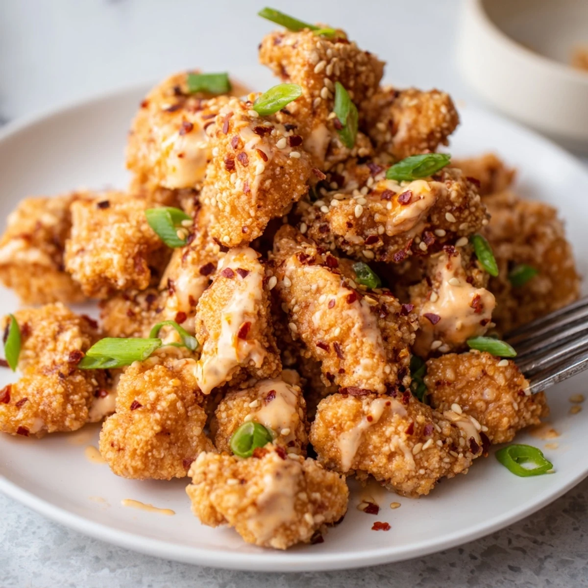 Golden crispy Spicy Bang Bang Chicken pieces coated in creamy red sauce garnished with scallions