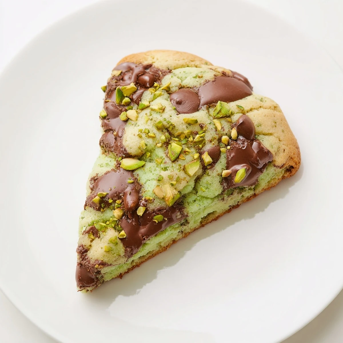 Golden pistachio cream chocolate chip cookies fresh from the oven with gooey melted chocolate chips