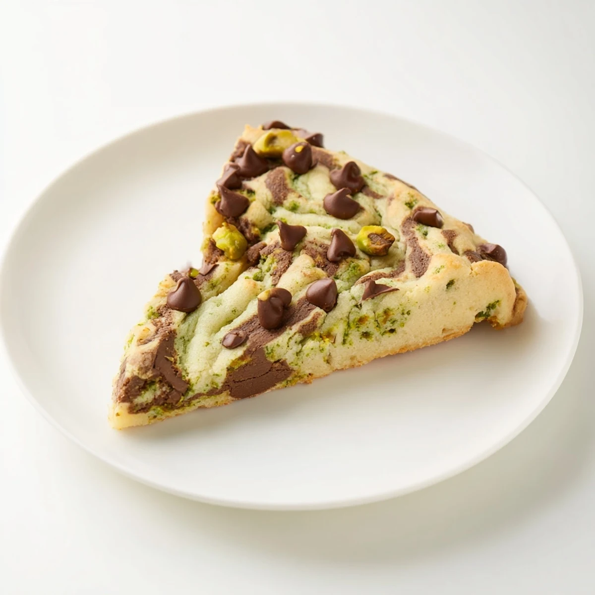 Soft pistachio cream chocolate chip cookies topped with chopped pistachios on a white serving plate