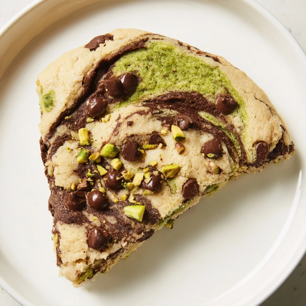 Close-up of chewy pistachio cream chocolate chip cookies showing green cream swirl and chocolate chunks