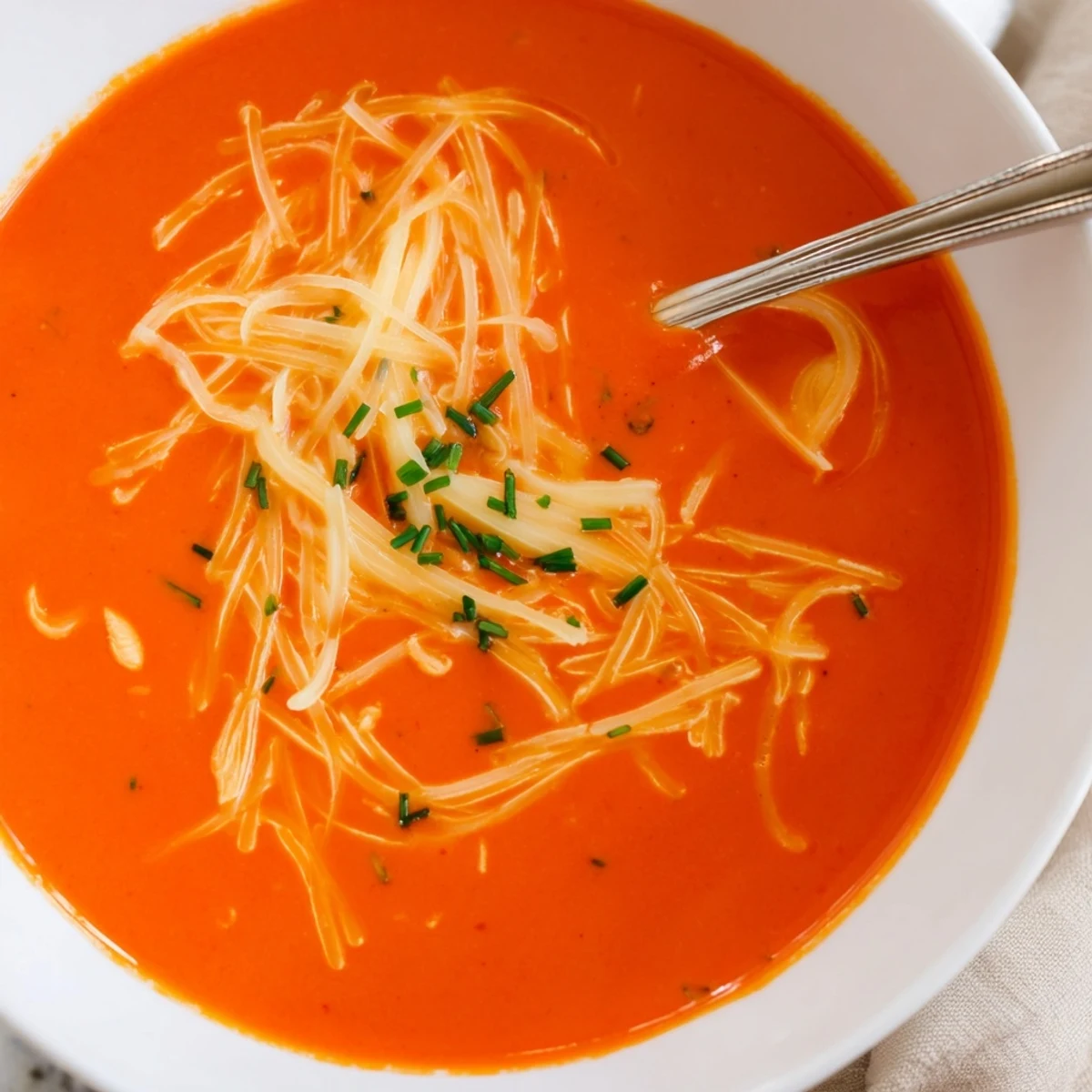 Smooth orange bowl of roasted red pepper and Gouda soup with melted cheese topping