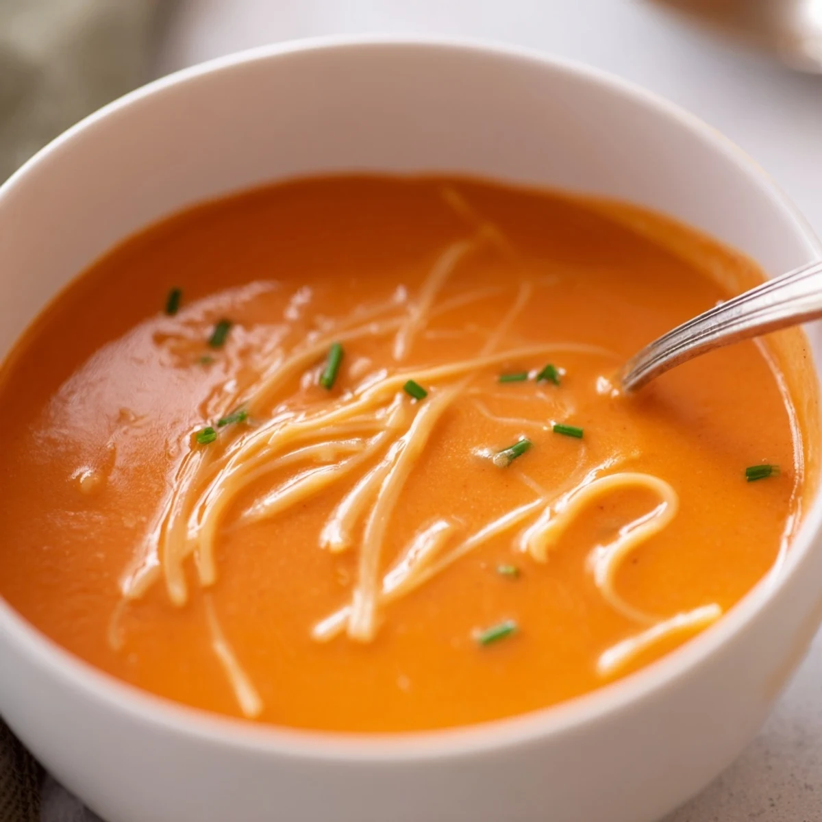 Creamy roasted red pepper Gouda soup garnished with fresh chives in a white bowl