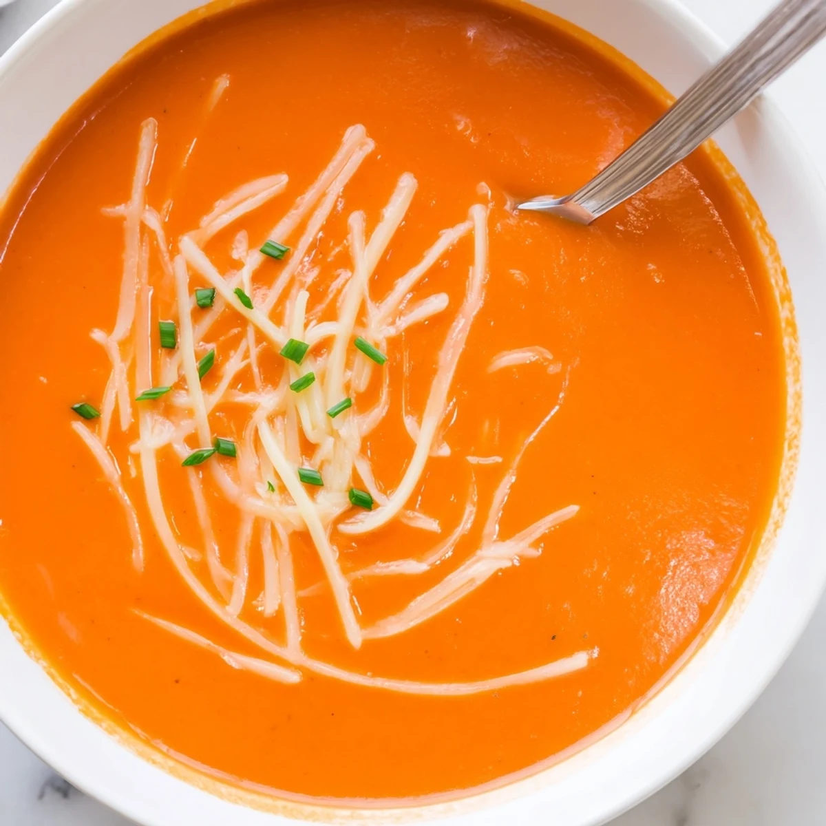 Steam rising from homemade roasted red pepper Gouda soup served with crusty bread slice