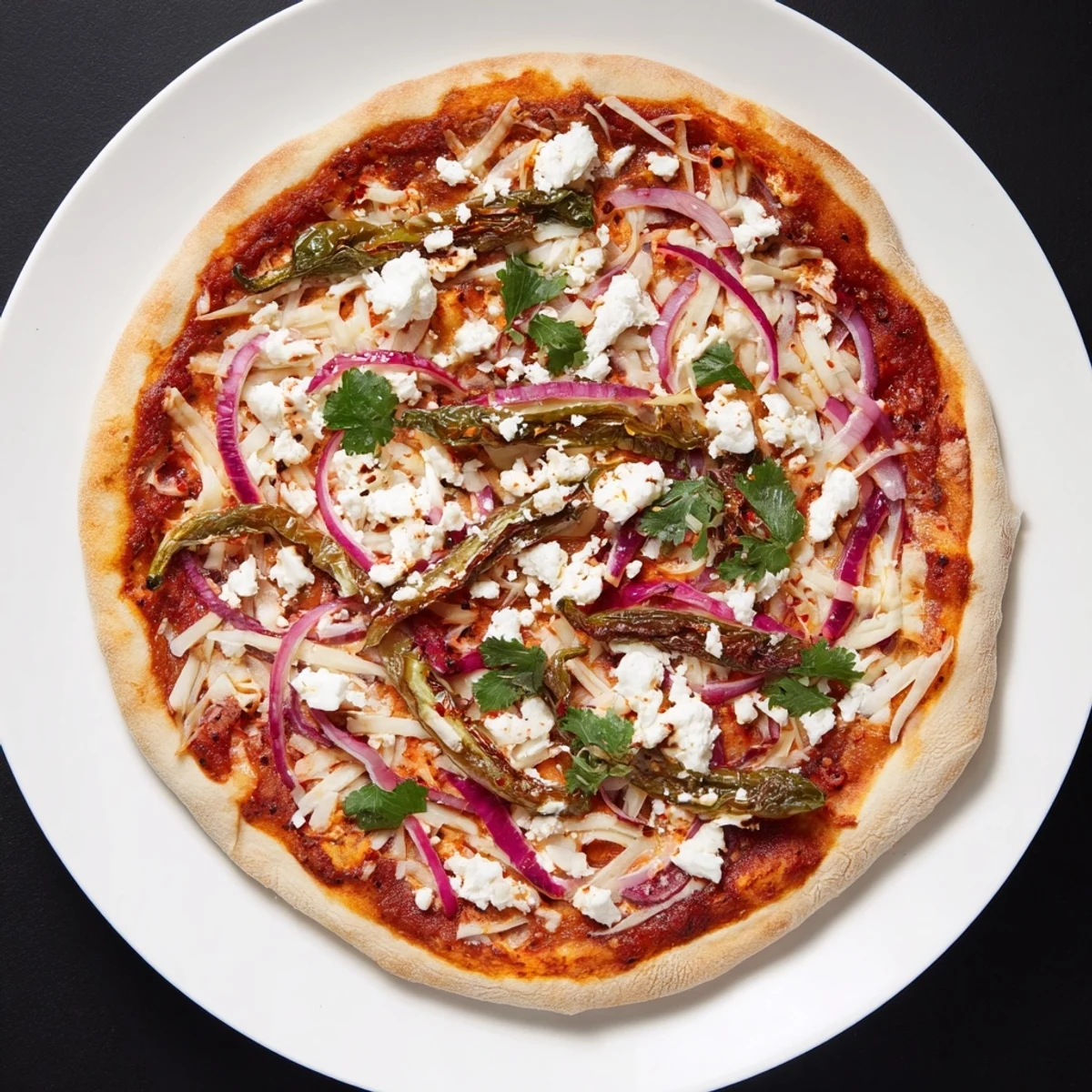 Golden crust Poblano pizza with roasted peppers, melted mozzarella and fresh cilantro garnish