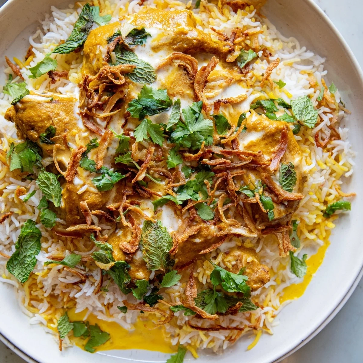 Steaming pot of aromatic butter chicken biryani garnished with fresh cilantro and mint